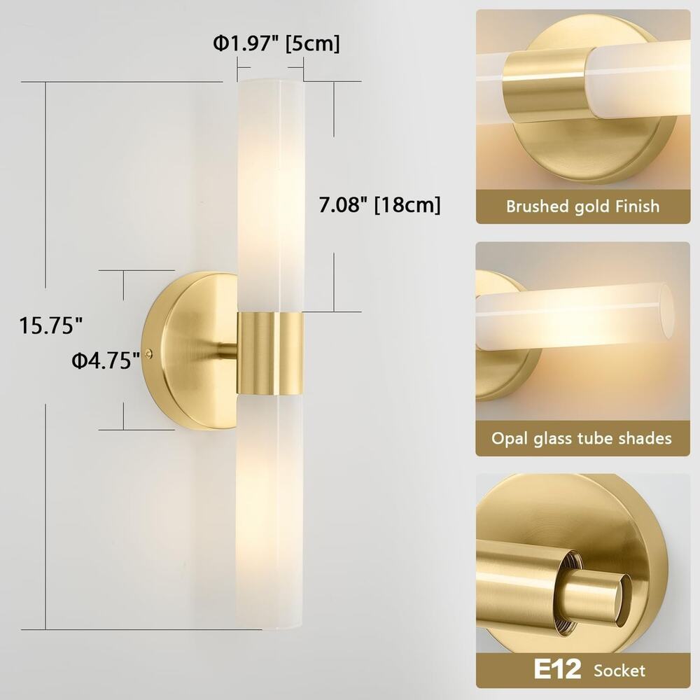 2-Pack Gold Wall Sconces with Opal Glass Tube Shades - Picture 2 of 5